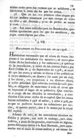 VII. Reglamento de poblacion del año de 1578 