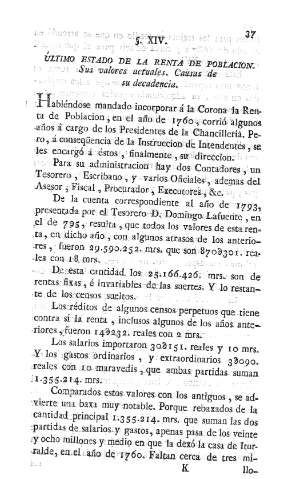 XIV. Último estado de la renta de poblacion