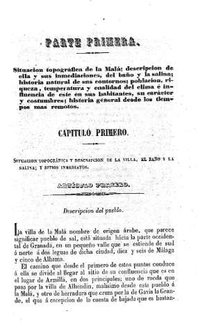 Parte Primera. Capitulo primero. Situación topográfica y descripción de la villa, el baño y la salina; sitios inmediatos