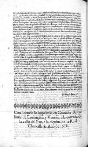 Con Licencia lo imprimio en Granada Bartolome de Lorenzana y Vreña