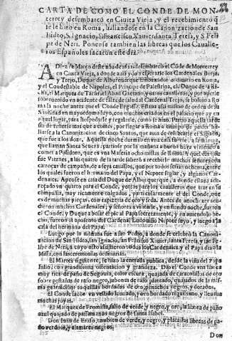 Carta de como el Conde de Monterey desembarcò en Ciuita Vieja....