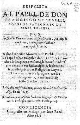 Respvesta al papel de don Francisco Morovelli, sobre el patronato de Santa Theresa