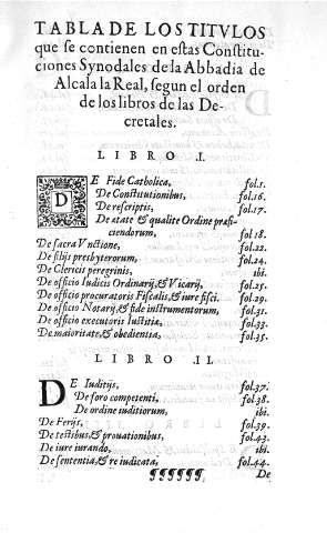 Tabla de los titvlos que se contienen en estas Constituciones Synodales