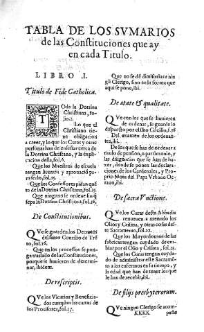 Tabla de los svmarios de las Constituciones que ay en cada Titulo