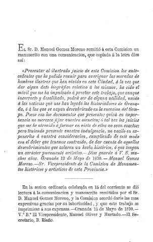 El Sr. D. Manuel Gomez Moreno remitió a esta Comisión...   