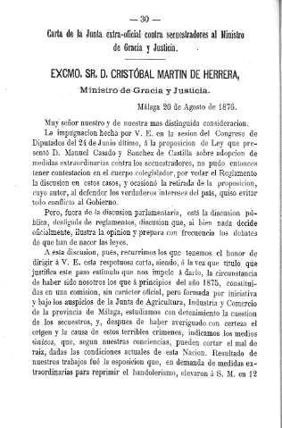 Carta de la Junta extra-oficial contra secuestradores al Ministro de Gracia y Justicia