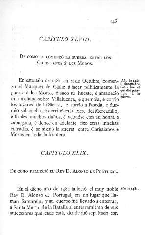 XLVIII. De como se comenzó la guerra entre los christianos é los moros  -  XLIX. De como falleció el Rey D. Alonso de Portugal