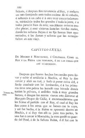 LXXXI. De Mochin [Moclín], é Montefrio, é Colomera. Como el Rey y la Reina los tomaron, é de las cosas que ahí acaecieron