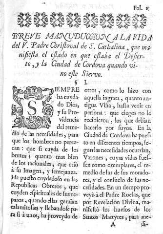 Breve manuduccion a la vida del V. Padre Christoval de S. Cathalina...