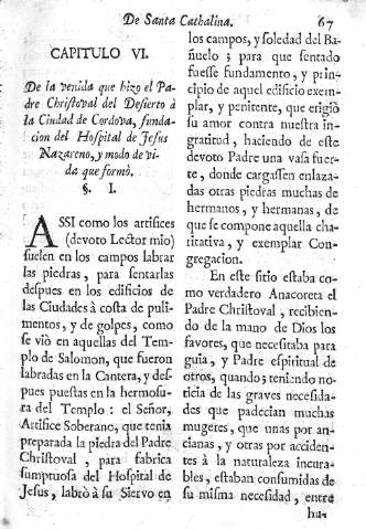 Capitulo VI. De la venida que hizo el Padre Christoval del desierto a la ciudad de Cordova
