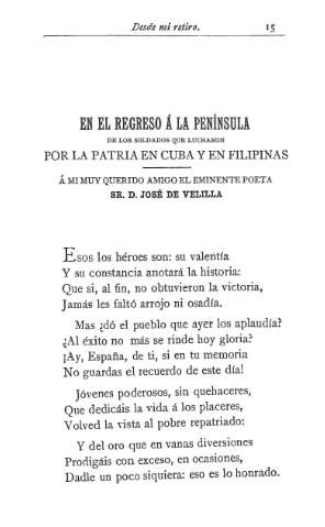 En el regreso á la Península de los soldados que lucharon por la Patria en Cuba y en Filipinas.- Á mi muy querido amigo el eminente poeta Sr. D. José de  Velilla