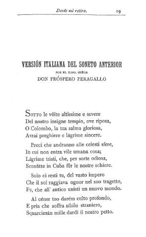 Versión italiana del soneto anterior por el Ilmo. Señor Don Próspero Peragallo