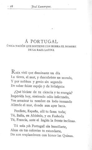 Á Portugal única nación que sostiene con honra el nombre de la raza latina