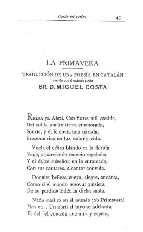 La Primavera .- Traducción de una poesía en catalán escrita por el  eximio poeta Sr. D. Miguel Costa