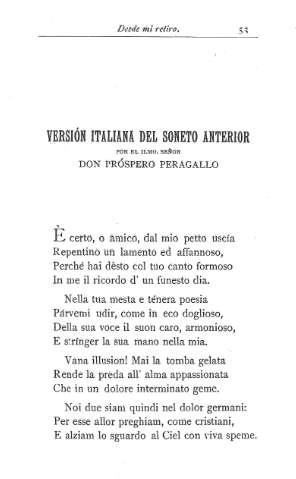 Versión italiana del soneto anterior por el Ilmo. Señor Don Própero Peragallo