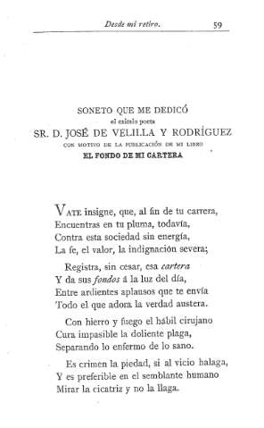 Soneto que me dedicó el eximio poeta Sr. D. José de Velilla y Rodríguez con motivo de la publicación de mi libro En el fondo de mi cartera