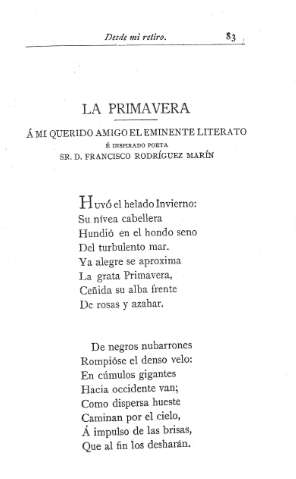 La primavera .- Á mi muy querido el inminente literato é inspirado poeta Sr. D. Francisco Rodríguez Marín