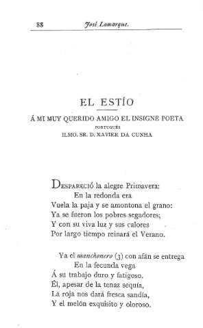 El estío .- Á mi muy querido amigo el insigne poeta portugués  Ilmo. Sr. D. Xabier Da Cuhna