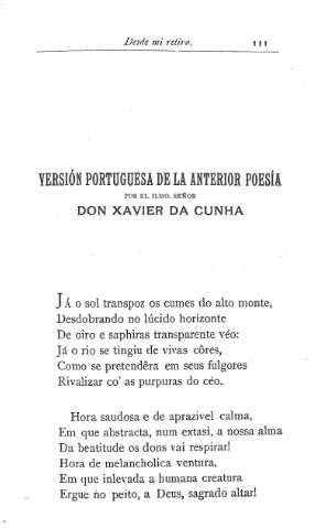 Versión portuguesa de la anterior posía por el Ilmo. Señor Don Xavier da Cuhna