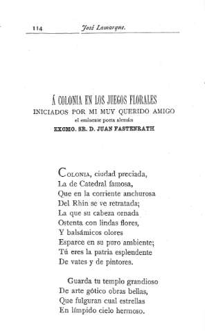 Á Colonia en los juegos Florales iniciados por mi muy querido amigo el  eminente poeta alemán Excmo. Sr. D. Juan Fastenrath
