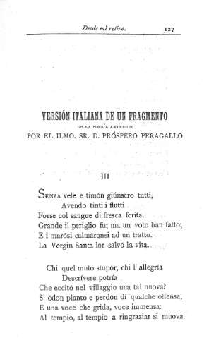 Versión italiana de un fragmento en la poesía anterior por el Ilmo. Sr. D. Próspero Peragallo