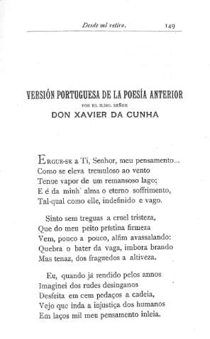Versión portuguesa de a poesía anterior por el Ilmo. Sr. Don Xavier da Cuhna