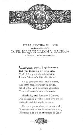 En la sentida muerte  del Emmo.  y  Rvmo. Sr. D. Fr. Joaquín Lluch y Garriga, Cardenal Arzobispo de Sevilla