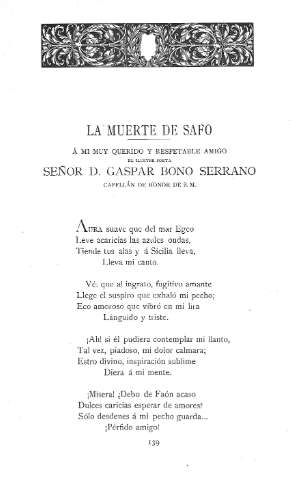 La muerte de Safo .- Á mi querido y respetable amigo el ilustre poeta Sr. D. Gaspar Bono Serrano