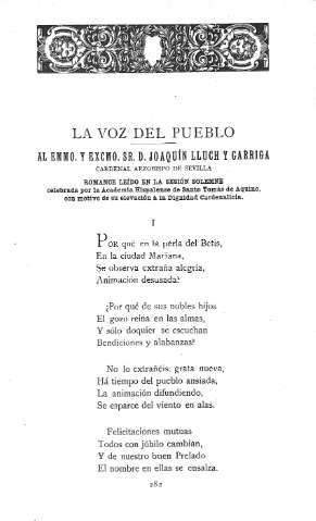 La voz del Pueblo. Al Emmo. y Excmo.Sr. D. Joaquín Lluch y Garriga .- Romance leído en la sesión solemne...