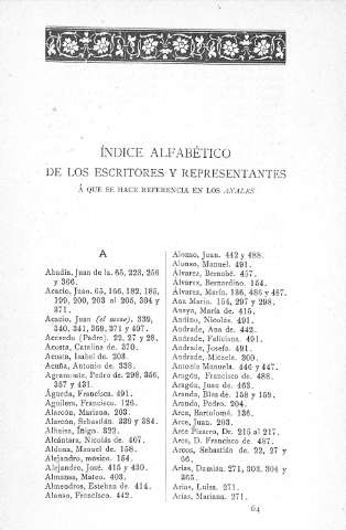 Indice alfabético de los escritores y representantes á que se hace referncia en los Anales
