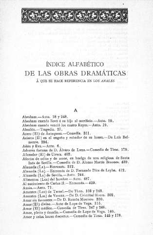Indice alfabético de las obras dramaticas á que se hace referncia en los Anales