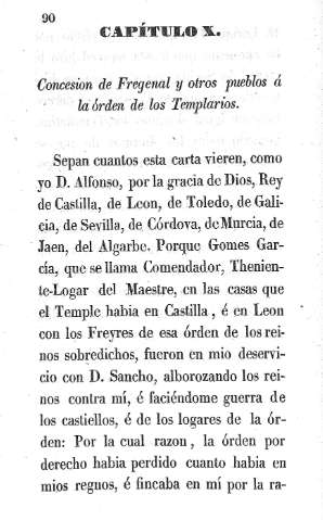 Capítulo X. Concesión de Fregenal y otro pueblos á la órden de los Templarios
