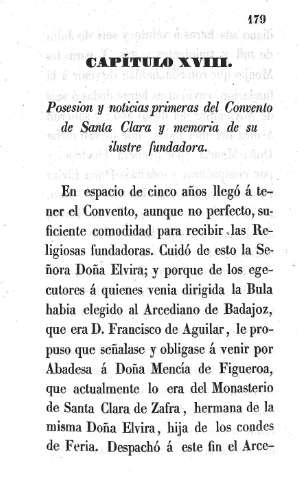 Capítulo XVIII. Posesión y noticias primeras del Convento de Santa Clara y memoria de su ilustre fundadora