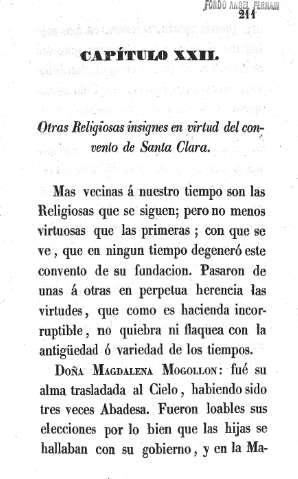 Capítulo XXII. Otras Religiosas insignes en virtud del convento de Santa Clara