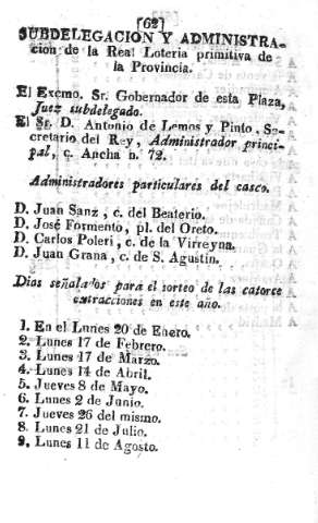Subdelegación y administracion de la Real Loteria primitiva de la Provincia