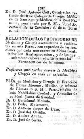 Relacion de los profesores de Medicina y Cirugía...