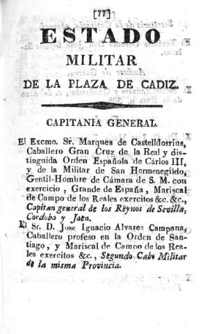 Estado Militar de la Plaza de Cádiz. Capitania General