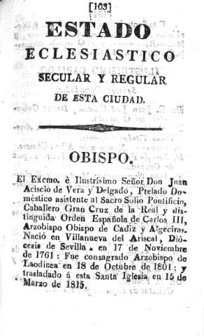 Estado Eclesiástico Secular y Relugar de esta ciudad. Obispo