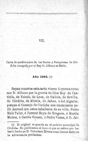 VII. Carta de confirmación de los fueros y franquezas de Córdoba otorgada por el Rey D. Alfonso el Sabio