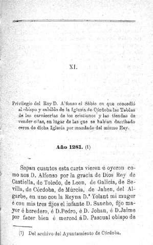 XI. Privilegio del Rey D. Alfonso el Sabio que cocedió al obispo y cabildo de la Iglesia de Córdoba las Tablas de las carnicerías de los cristianos...