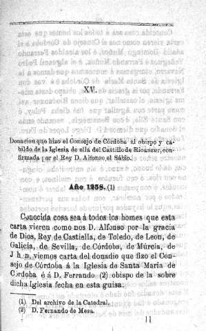 XV. Donación que hizo el Consejo de Córdoba al obispo y cabildo de la Iglesia de ella del Castillo de Rioanzur...