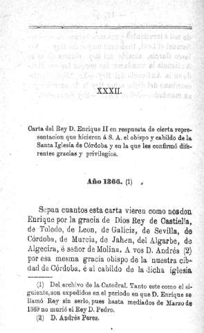 XXXII. Carta del Rey Enrique II en respuesta de cierta representación que hicieron á S. A. el obispo y cabildo de la Santa Iglesia de Córdoba