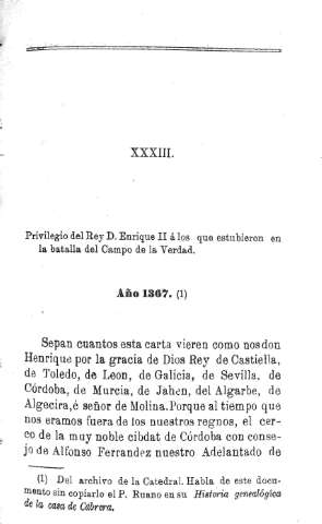 XXXIII. Privilegio del Rey D. Enrique II á los que estuvieron en la batalla Del Campo de la Verdad