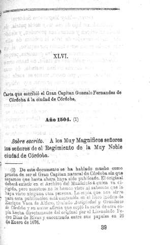 XLVI. Carta que escribió el Gran Capitan Gonzalo Fernandez de Córdoba á la ciudad de Córdoba