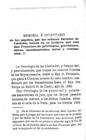 Memoria, é inventario de los papeles, que los señores Jurados de Córdoba, tienen en su Archivo...