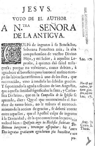 Jesvs. Voto de el author a Ntra. Señora de la Antigva