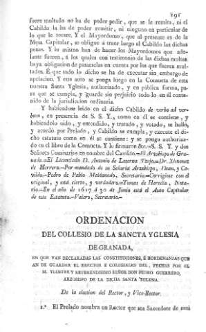 Ordenacion del Collesio de la Sancta Yglesia de Granada