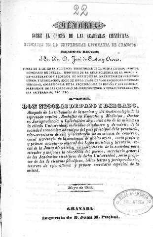 Memoria sobre el origen de las Académias Científicas...