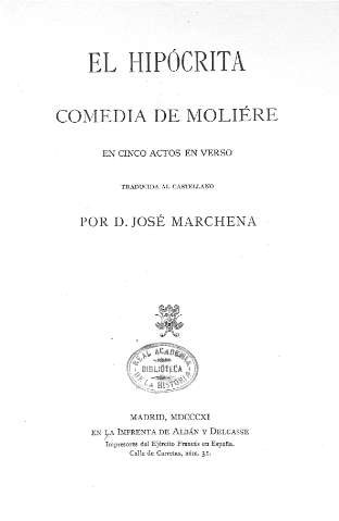 El Hipócrita. Comedia de Moliére en cinco actos en verso