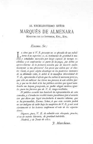 Al Excelentísimo Señor Marqués de Almenara